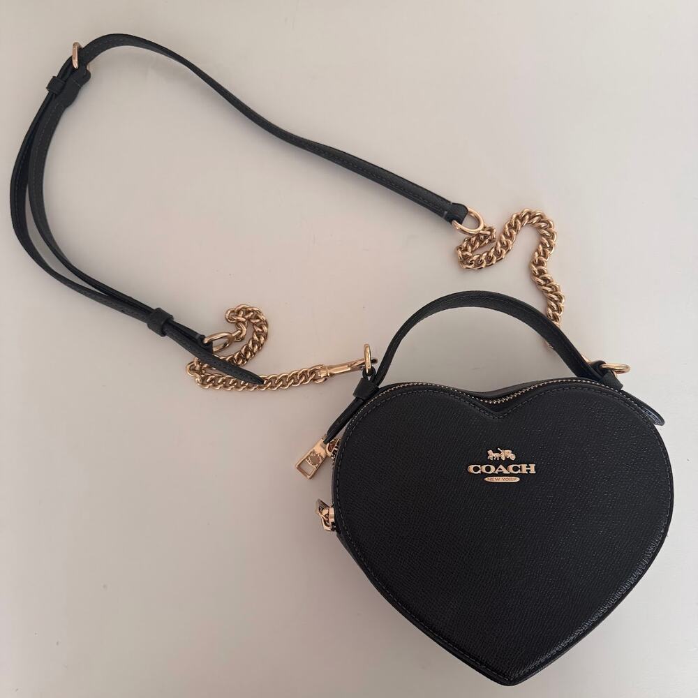 Coach Leather Heart Crossbody Purse in Black Gold Chain Bag Dual Zipper